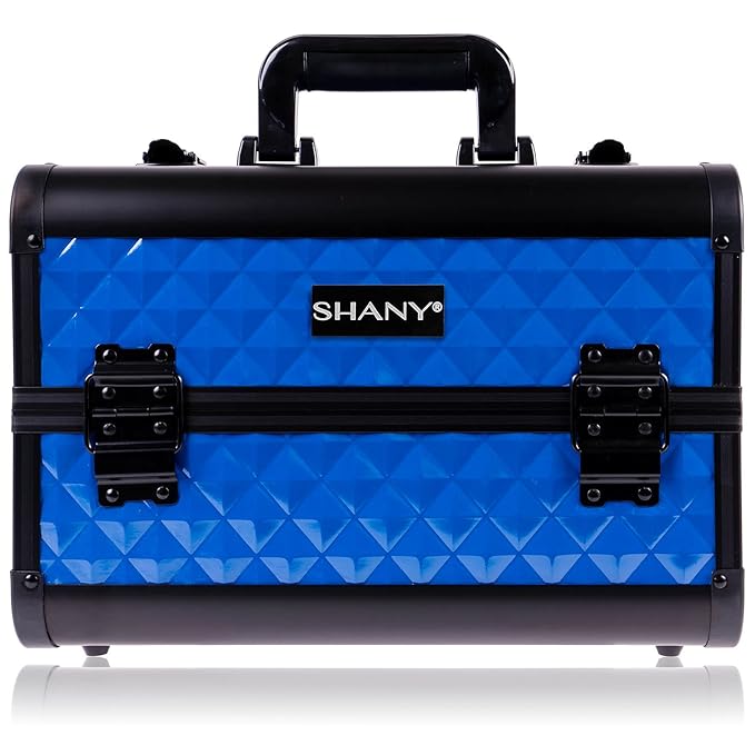 SHANY Premier Fantasy Professional Makeup Train Case Cosmetic Box Portable Makeup Case Organizer Jewelry storage with Locks, 3 Trays,Makeup Brush Holder and Cosmetics Mirror - Divine Blue