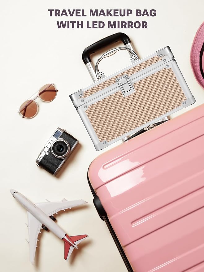 Qislee Makeup Box Mini with A Detachable Lighted Mirror, Waterproof Small Makeup Case,Cosmetic Organizer and Travel Train Case with Magnetic LED Mirror(Silver Frame Rose Gold)
