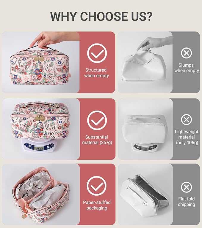 Aveniee Travel Makeup Bag for Women, Large Cosmetic Organizer with Open-Flat Design, Clear Divider & Handle - Waterproof PU Leather Toiletry Case (Floral Pattern)