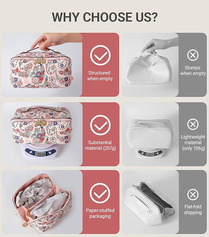 Aveniee Travel Makeup Bag for Women, Large Cosmetic Organizer with Open-Flat Design, Clear Divider & Handle - Waterproof PU Leather Toiletry Case (Floral Pattern)