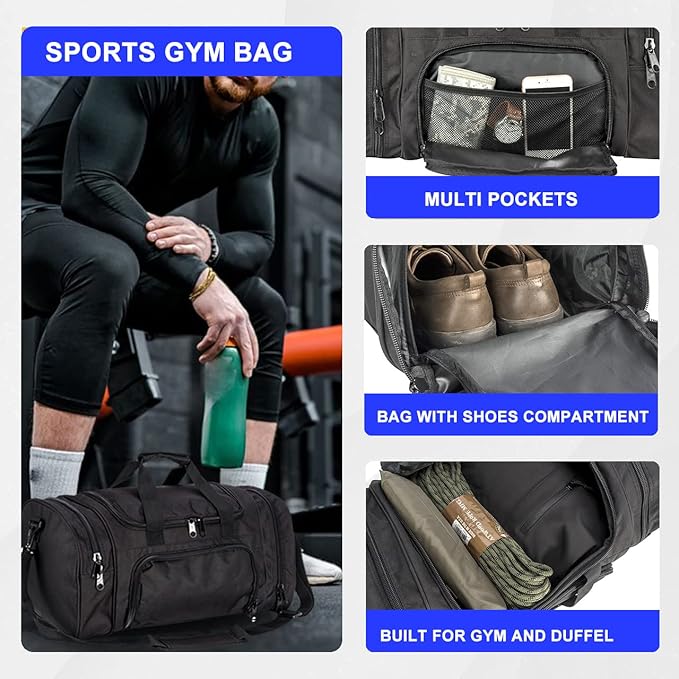 Gym Bag Duffle Bags for Men Women with Shoes Compartment Sport Weekend Travel Overnight Carry On Bag for Tactical Military Travel Work Out Bags (Black)