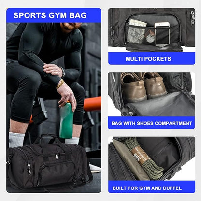 Gym Bag Duffle Bags for Men Women with Shoes Compartment Sport Weekend Travel Overnight Carry On Bag for Tactical Military Travel Work Out Bags (Black)