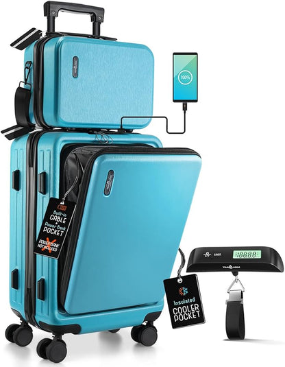 TRAVELARIM 22 Inch Carry On Luggage 22x14x9 Airline Approved, Small Carry On Suitcase, Hard-shell Carry-on Luggage with Wheels, Durable Teal Luggage Carry-On with Cosmetic Case and Luggage Scale