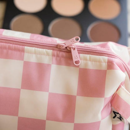 Tiny Twinkle Waterproof Travel Toiletry & Makeup Bag Organizer | Large Capacity Cosmetic Case with Compartments & Handle, A Thoughtful Travel Companion for Women（Pink Checkers