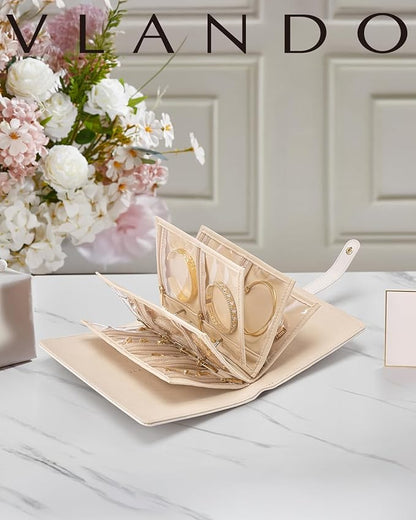 Vlando Teacher Gifts for Women,Travel Jewelry Organizer Case,Jewelry Storage Book Ring Binder with Clear Zipper Velvet Jewelry Pouches Bags for Rings,Necklace,Earrings-Cream White