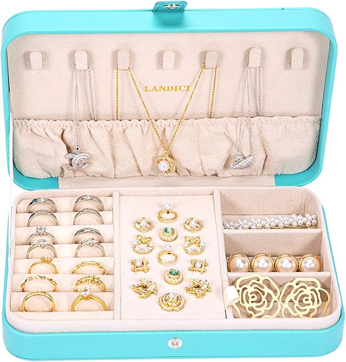 LANDICI Small Jewelry Box for Women Girls, PU Leather Travel Jewelry Organizer Case, Portable Jewellery Storage Holder Display for Ring Earrings Necklace Bracelet Bangle Watch Men Kids Gift, Lake Blue