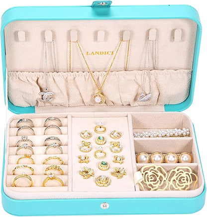 LANDICI Small Jewelry Box for Women Girls, PU Leather Travel Jewelry Organizer Case, Portable Jewellery Storage Holder Display for Ring Earrings Necklace Bracelet Bangle Watch Men Kids Gift, Lake Blue