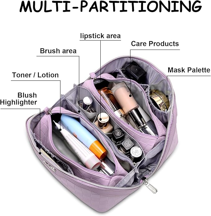 BOYATU Travel Makeup Bag Organizer Cosmetic Bag: 3 Pcs Set Make up Bags for Women with Handle - Waterproof Vegan Leather Toiletry Bags Travel Essentials Pouch with Compartments (02-Purple)