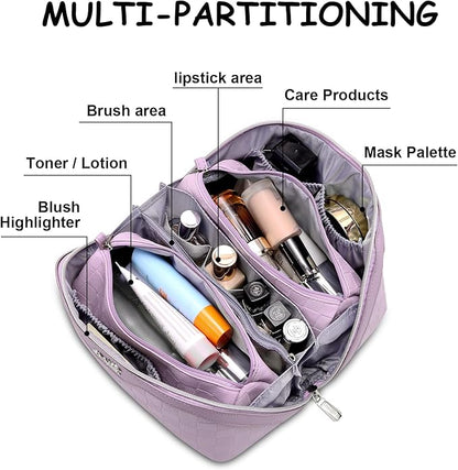 BOYATU Travel Makeup Bag Organizer Cosmetic Bag: 3 Pcs Set Make up Bags for Women with Handle - Waterproof Vegan Leather Toiletry Bags Travel Essentials Pouch with Compartments (02-Purple)