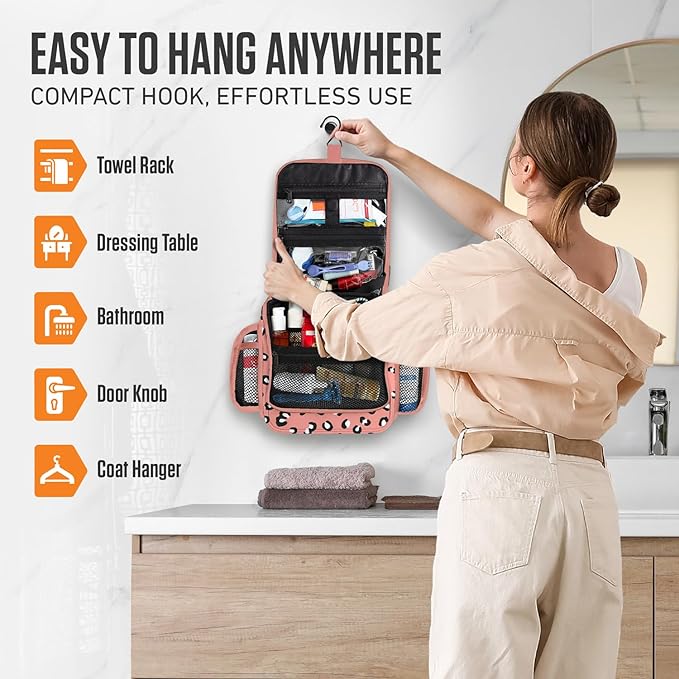 VENTURE 4TH Hanging Travel Toiletry Bag for Women & Men - Travel Organizer with Expandable Compartments & Removable Clear Pouch for Toiletries (Pink Cheetah)