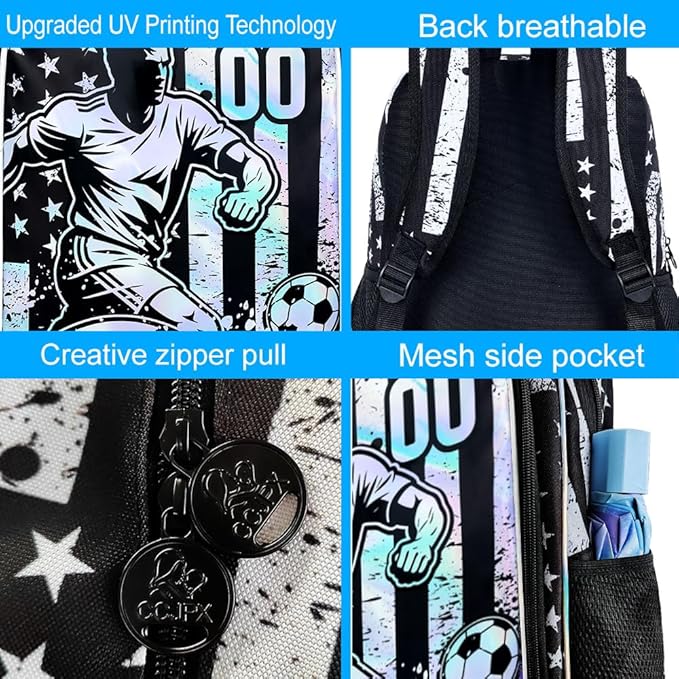 WZLVO 3PCS Kids Soccer Backpack Set, 17" Cool UV Printing Boys Bookbag/School Bag with Lunch Box & Pencil Bag for Elementary to Middle - Star-Spangled Soccer