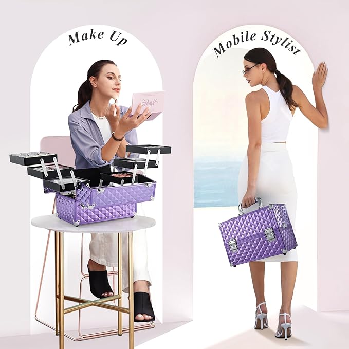 Frenessa Makeup Train Case 12 Inch Portable Cosmetic Case - 6 Tier Professional Makeup Storage Box Organiser Box Make Up Carrier with Lockable Keys Travel Case for Women and Girls - Purple