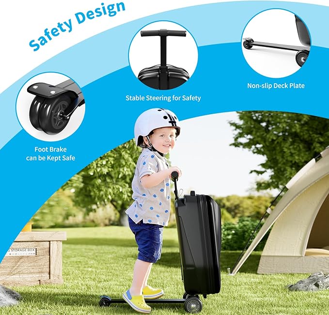Scooter Hardshell Kids' Luggage, Foldable Carry on Kids Suitcase with Telescopic Handle for Travel, Multifunctional Ride On Lightweight Luggage with Wheels, Light Black