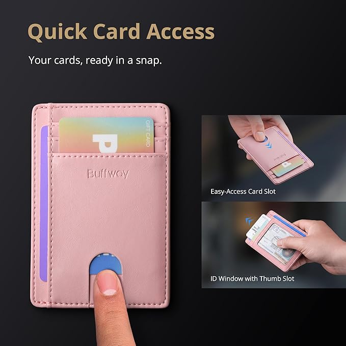 Buffway Slim Minimalist Front Pocket RFID Blocking Leather Wallets for Men and Women - Alaska Pink