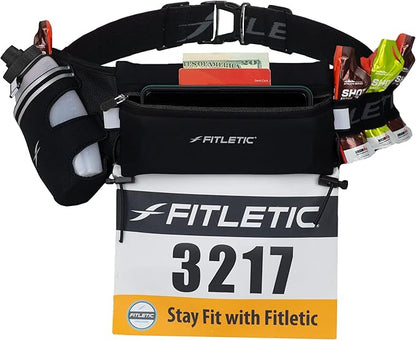 Fitletic Hydration Running Belt With 12oz Quick Flow Water Bottle For Men & Women –Race Belt, Gel Holder & Bib Toggles Patented Bounce Free Design, Water Resistant Fits All Phones –Fully Loaded