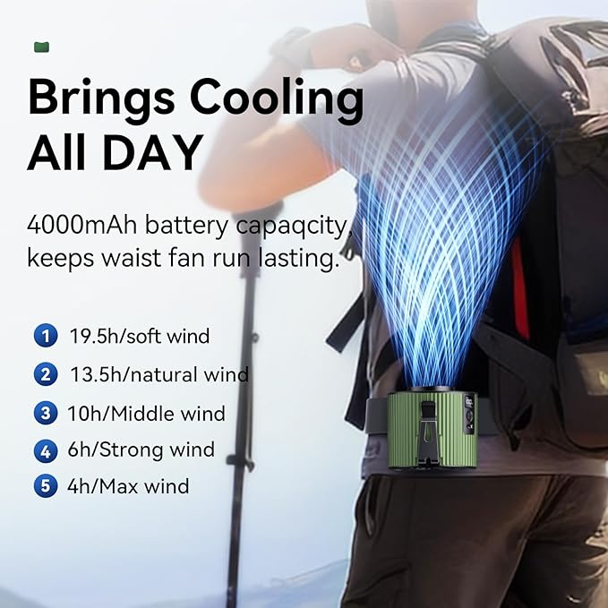 Portable Fan,Rechargeable Waist Fans,11000RPM Strong Airflow Mini Wearable Belt Fan,5 Speed,Personal Clip Waist Fans for Outdoor,Camping,Jobsite,Fishing,Travel (K20-Green)
