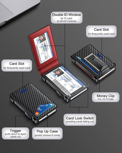 Wallet for Men RFID Wallet with 2 ID Windows & Money Clip, Slim Pop Up Card Holder for 10-12 Cards, Bifold Minimalist Smart Wallet for Front Pocket, Compact Metal Credit Card Holder, Gifts for Men