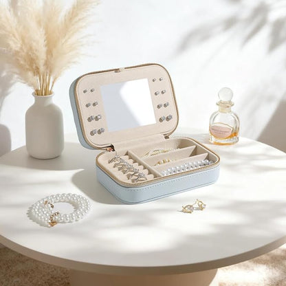 Genuine Leather Travel Jewelry Organizer Case with Mirror for Women, Small Mini Portable Jewelry Box for Ring Earrings Necklace Bracelet Luxury Gift for Women（Light Blue）