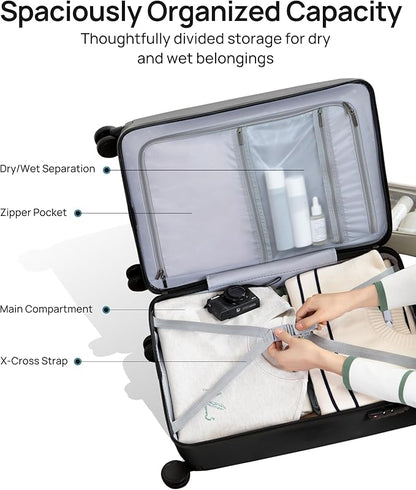 NINETYGO Carry On Suitcase, 20 Inch Carry-On Luggage with Double Spinner Wheels, Dry Wet Separate, PC Hard Case Suitcase, Lightweight Travel Luggage, TSA Approved (Black, Danube)