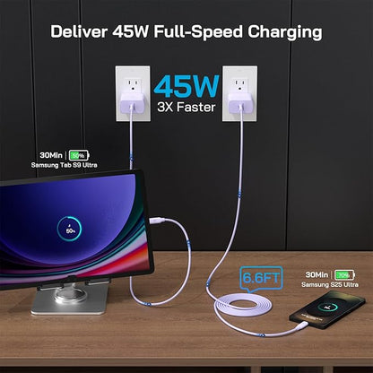 45W Super Fast Charger Type C, [2 Pack] 45 Watt USB-C Charger PD/PPS Wall Charging Block for Samsung Galaxy S25 Ultra/S24/S23 Ultra/S23+/S22 Ultra/S22+/S20 Ultra, Tab S8(Purple, with 2X 6.6ft Cable)
