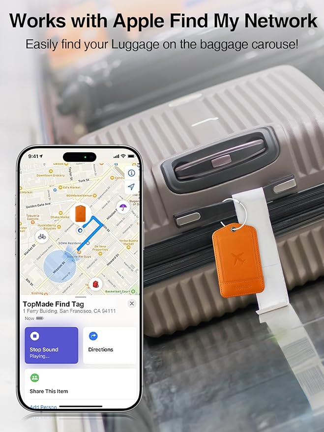 TopMade Smart Luggage Tag with Find My, Premium Leather Luggage Tags for Suitcase, Travel Bags, Backpacks, Anti-Lost Suitcase Tag Tracker for Travel with Privacy Name Card, Rechargeable