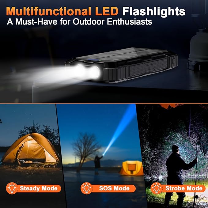 WONGKUO Solar Charger Power Bank - 49800mAh Solar Phone Charger with USB-C in/Output, QC 3.0 Fast Charging with LED Flashlight, Built-in 4 Cables, IP65 Waterproof Fits for Outdoor (Flash Black)