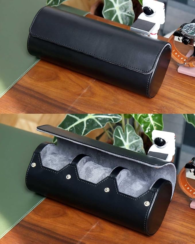 Premium Leather Watch Travel Case - 3 Slot Portable Storage Box With Variable Size Pillow Design, Roll Organizer for Men and Women, Black With Faux Suede Fabric Lining