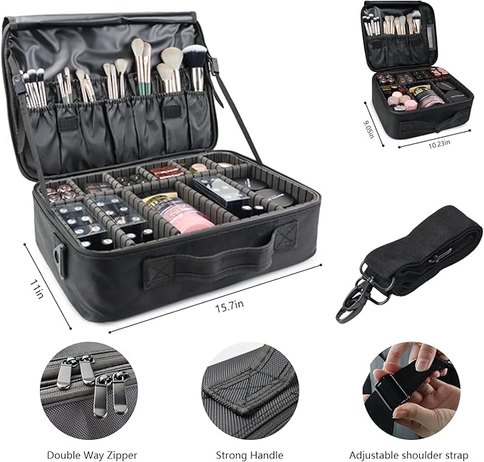 Travel Makeup Train Case Cosmetic Case Organizer Portable Artist Storage Bag with Adjustable Dividers for Cosmetics Makeup Brushes Toiletry Jewelry Digital Accessories（black,L）