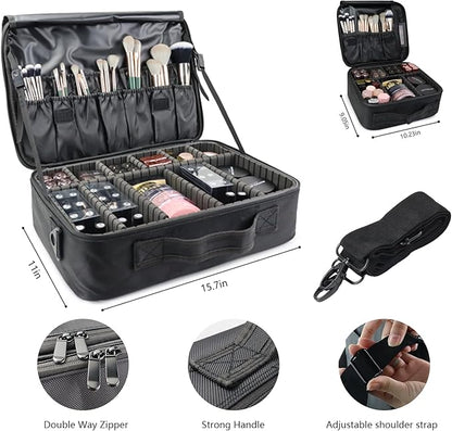 Travel Makeup Train Case Cosmetic Case Organizer Portable Artist Storage Bag with Adjustable Dividers for Cosmetics Makeup Brushes Toiletry Jewelry Digital Accessories（black,L）