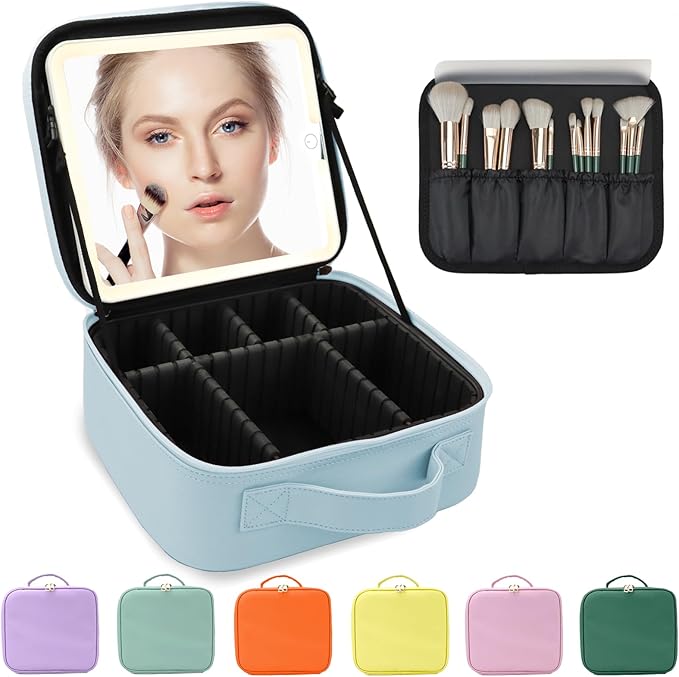 Travel Makeup Bag for Women and Makeup Artists Cosmetic Organizer Large Makeup Case,Travel Makeup Bag with Mirror 3 Color Setting,Portable Storage and Adjustable Dividers(baby blue)