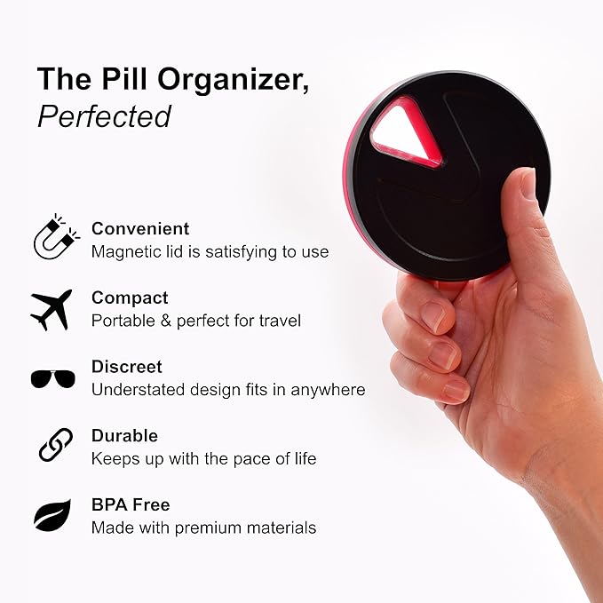 Travel RX Pill Case by Type Two Labs – Weekly 7 Day Pill Box, Compact Magnetic Pill Organizer for Purses or Pockets, Rugged Daily Caddy Holds Vitamins, Supplements, Medication. (Vivid Magenta)