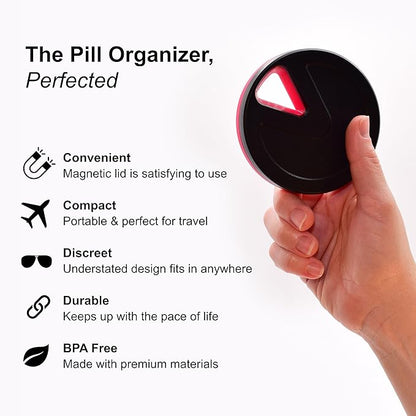 Travel RX Pill Case by Type Two Labs – Weekly 7 Day Pill Box, Compact Magnetic Pill Organizer for Purses or Pockets, Rugged Daily Caddy Holds Vitamins, Supplements, Medication. (Vivid Magenta)