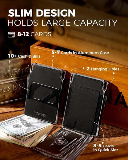 LORZOR Slim Wallet for Men- Minimalist Tactical Full Grain Leather Wallet for 12 Cards, RFID Blocking Aluminum Cardholder, Smart Pop Up Card Case, Front Pocket, Money Clip, Gift for Men(VintageBlack)