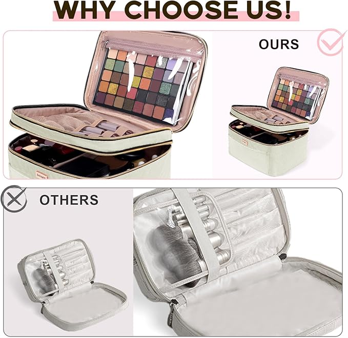 8.8L Double Layer Travel Makeup Bag Women, Large Cosmetic Case, Organizer for Travel-Size Accessories Bottles, Brushes, and Skin Care Products, Beige 2.33 GAL