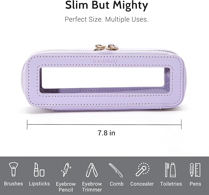 Aveniee Clear Makeup Brush Bag, Slim Brush Holder Cosmetic Case, Small Travel Toiletry Bag for Women, Thin Make up Bags with Dual Zipper, Cute Travel Essentials Srorage Bag.Lilac