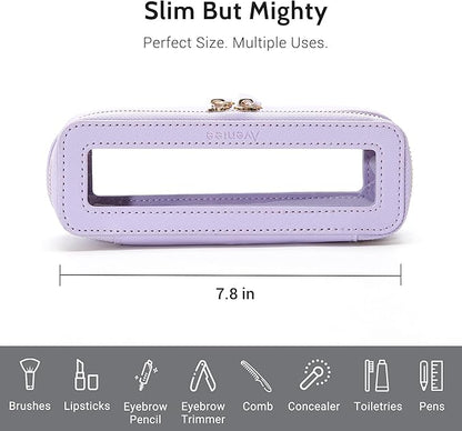 Aveniee Clear Makeup Brush Bag, Slim Brush Holder Cosmetic Case, Small Travel Toiletry Bag for Women, Thin Make up Bags with Dual Zipper, Cute Travel Essentials Srorage Bag.Lilac
