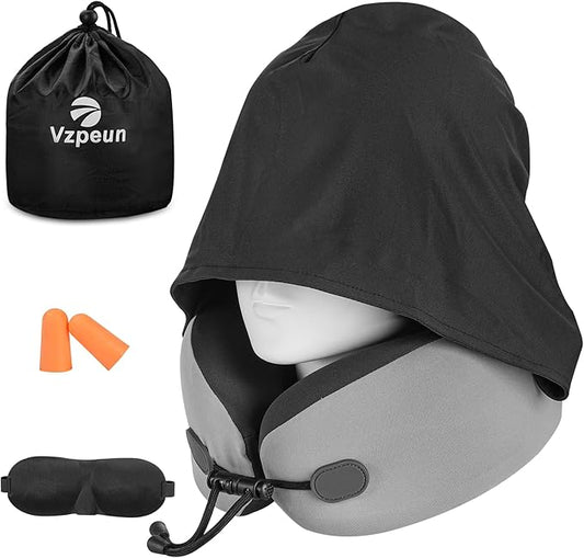 Neck Pillow for Travel - Hooded Memory Foam Plane Pillow for Airplane, Office, Cars Sleeping, Long Flight Must Haves, Portable Road Trip Essentials for Adults Gray