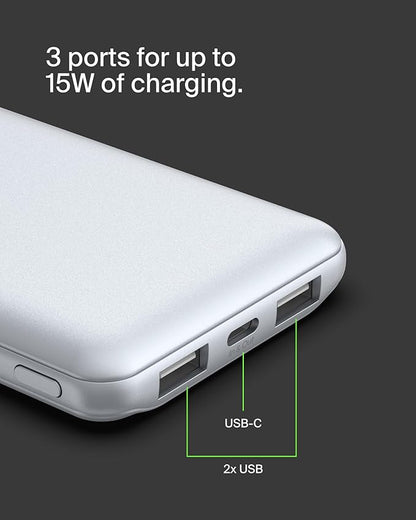 Belkin Portable Charger, USB C Power Bank 10,000mAh w/ 2xUSB-A Ports, 15W w/Type-C to Type-A Cable for iPhone 17, Air, Samsung Galaxy S25, iPad, Nintendo Switch 2, Google Pixel 10, etc. - Pearl Blue