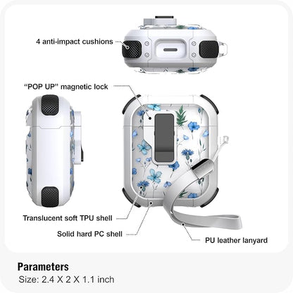 WENEW Case for AirPods 1 & 2 Case Cover Secure Lock Automatic Snap Switch Clip Cleaner Kit Lanyard Women Stylish Flower Armour Hard Shell Full Body (Blue, AirPods 1st & 2nd)