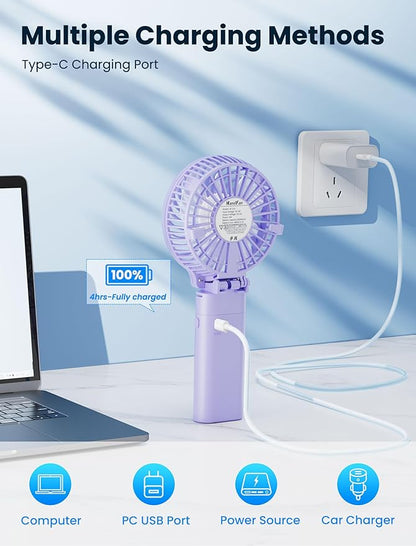 HandFan 5200mAh Handheld Fan Rechargeable, 20H Runtime Hand Fan, 3 Speeds Strong Airflow, Personal 180° Foldable Portable Fans for Travel/Summer/Concerts/Lash/Commute, Gifts for Women (Purple)