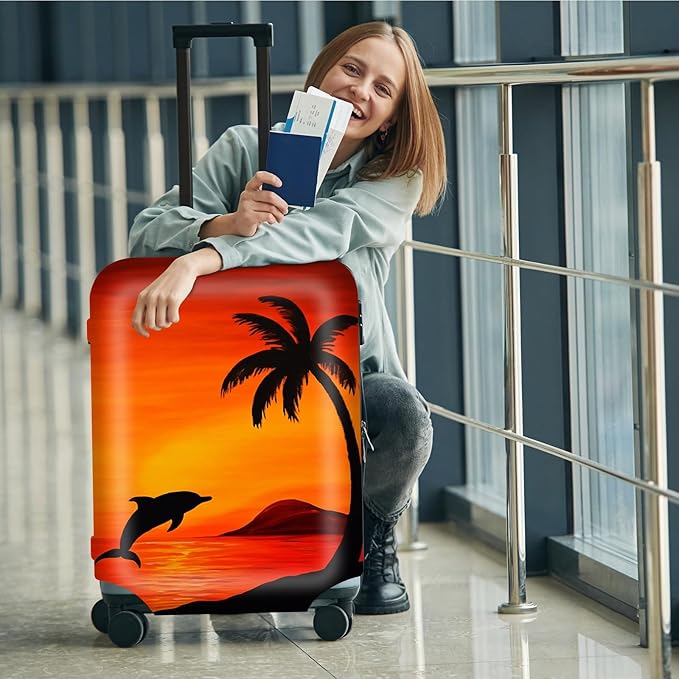 Suitcase Cover for Luggage 18-21 Inch, Washable Elastic Anti-Scratch Luggage Protector, Durable Zipper Baggage Cover with Handle Wrap, Travel Accessories for Suitcase, A Palm Tree and a Dolphin