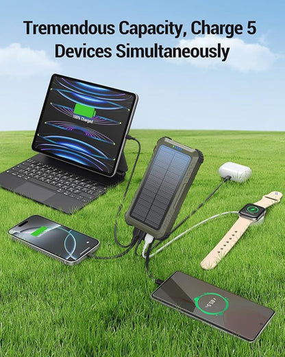 Power-Bank-Solar-Charger 45800mAh Fast Charging with 3 Built-in Cables LED Flashlight Portable External Battery Pack Compatible with iPhone, and-roid, Tablet, Drone, Camera