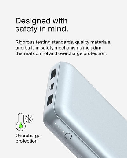 Belkin Portable Charger, USB-C Power Bank 20000 mAh w/ 2 USB-A Ports, 15W w/Type-A to Type-C Cable for iPhone 17, Air, Samsung Galaxy S25, iPad, Nintendo Switch 2, Google Pixel 10, etc. - Pearl Blue