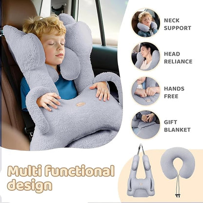 FLORICH Kids Travel Pillow, Car Sleeping Travel Pillow for Kids, Removable H-Shaped Pillow for Adults and Children to Support Head and Body Road Trips with Neck Pillow and Blanket (Grey)