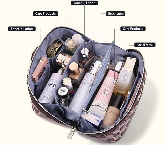 BOYATU Travel Makeup Bag for Women: Large Cosmetic Bag Set of 3 - PU Leather Make up Bag with Compartments - Compact Waterproof Toiletry Bag with Divider & Handle (D-3-Brown)