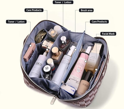 BOYATU Travel Makeup Bag for Women: Large Cosmetic Bag Set of 3 - PU Leather Make up Bag with Compartments - Compact Waterproof Toiletry Bag with Divider & Handle (D-3-Brown)