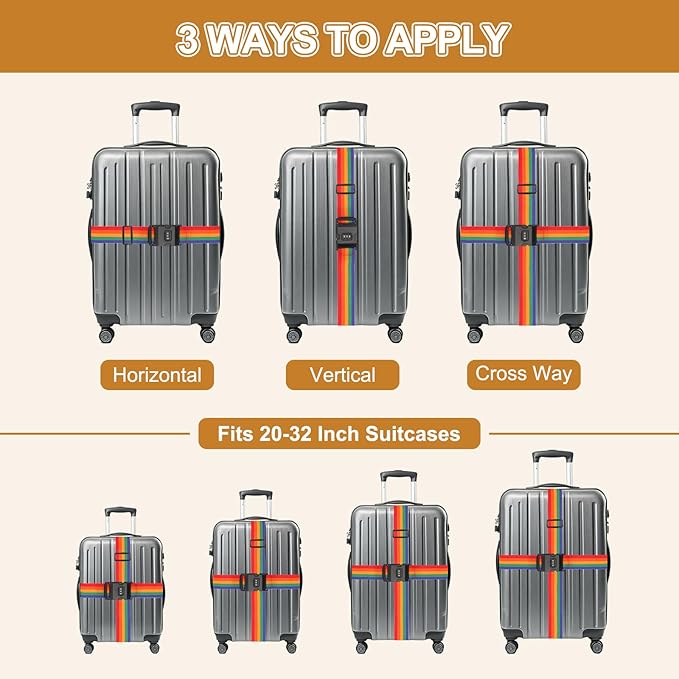MECCANIXITY Luggage Straps with Combination Lock Adjustable Suitcase Belt Strap for Suitcase Briefcase Backpack Travel, Rainbow, Pack of 4