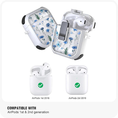 WENEW Case for AirPods 1 & 2 Case Cover Secure Lock Automatic Snap Switch Clip Cleaner Kit Lanyard Women Stylish Flower Armour Hard Shell Full Body (Blue, AirPods 1st & 2nd)