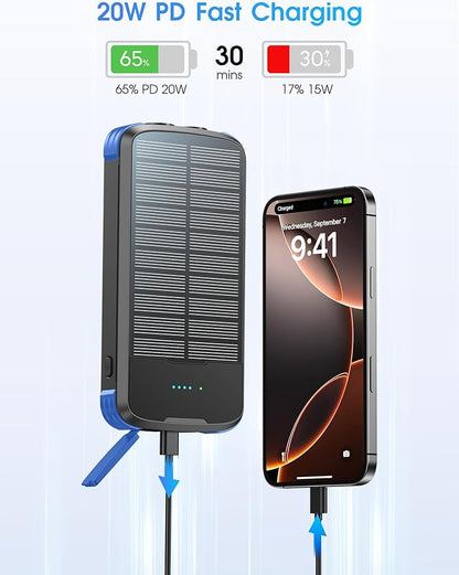 Solar Charger Power Bank, PD 20W Fast Charging External Batter, 40000mAh Portable Phone Charger Built in 4 Cables with Dual Bright Flashlights for Camping, Hiking, and Outdoor Use (Blue)