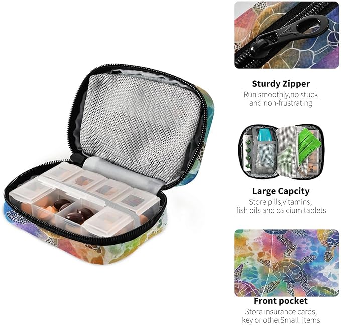 Pill Organizer Box Case Weekly Travel Pill Container Cute Pill Holder 7Day Vitamin Organizer Pill Dispenser Sorter Planner Storage Small Compact Colorful Watercolor Sea Turtles31